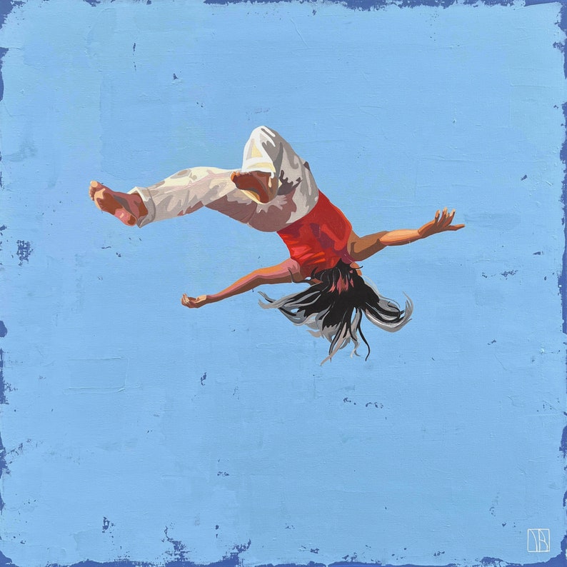 Woman in the air Fine Art Painting 24 in, Original Oil Painting on Canvas 24 x 24, blue, outside, summer, Daria Baklykova, square, freedom image 7