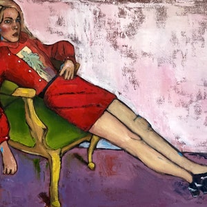 Original Oil Painting: Woman in Red Dress on Green Chair, 16x24 in