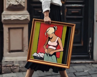 Der Versuch, sich anzuknöpfen – Original Acrylgemälde, zeitgenössische figurative Kunst, Körperrealität, moderne minimalistische Kunst von Daria Baklykova