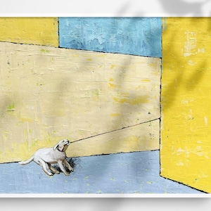 abstract yellow blue oil painting. contemporary oil yellow blue painting.
dog playing painting. Labrador