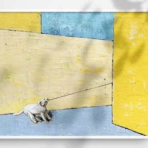 Original Oil Painting On Canvas: Minimalist Dog Art, Yellow and Blue