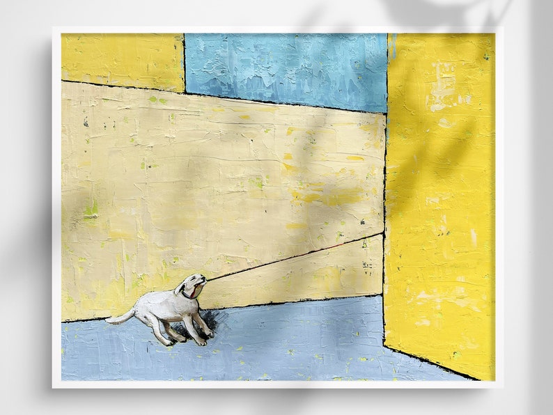 abstract yellow blue oil painting. contemporary oil yellow blue painting.
dog playing painting. Labrador