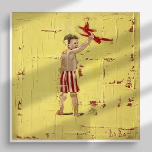 Boy with Red Airplane: Original Oil Painting on Canvas, 16&quot; Square