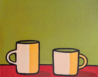 Minimalistische Tasse Grün, die ein strukturiertes wunderliches Kunstwerk 30 x 30 cm auf Leinwand trägt, fertig zum Aufhängen, 2 Tassen für Freunde