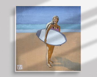 Oil Painting Gurl Surfing, 12x12, Colorful Contemporary Beach painting, Minimalist Woman with surf on beach original artwork,