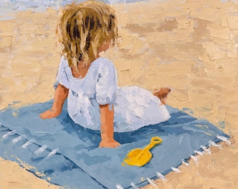 Mädchen am Strand, Minimalistische Figurative Kunst, 40 x 40 cm, Moderne Wandkunst, Original Ölgemälde
