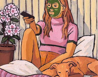Fauler Fernsehabend - Frau und Hund Original Gemälde 24 x 24 in handgefertigtes Pop Art Kunstwerk auf Leinwand