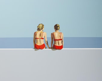 Minimalistisches Strand-Ölgemälde: Zwei Frauen in roten Badeanzügen, moderne Küstenmalerei (24x24)