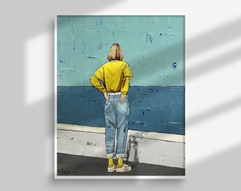 May include: A painting of a person wearing a yellow sweater and blue jeans standing in front of a blue wall. The person is looking away from the viewer. The painting is signed "Baba" in the bottom left corner.