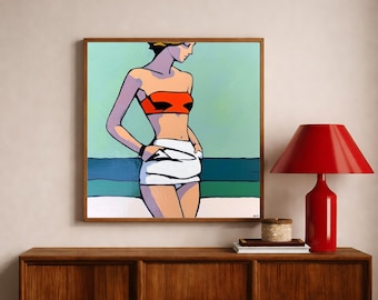 Frau in Strandkleidung Original 16x16 Zoll Modernes Kunstwerk Bunte Wand Kunst Strand Minimalistischen Figurativen Stil