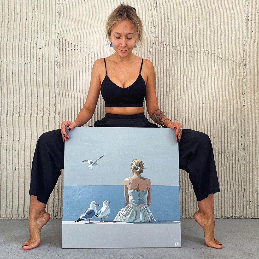 Seaside Oil Painting: Woman and Seagulls, Original Coastal Wall Art ...