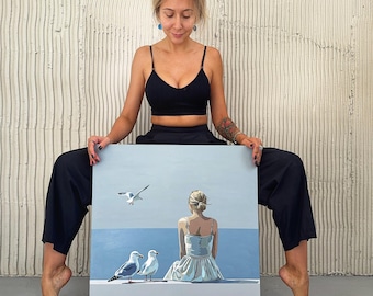 Seaside Ölgemälde: Frau und Möwen, Original Küstenwandkunst (60 x 60 cm)