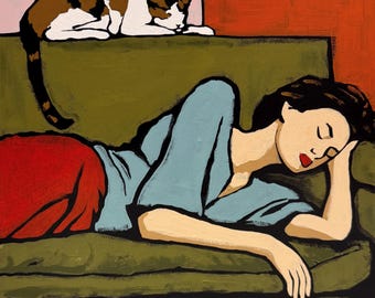 Frau und Katze Porträt Originalgemälde Auf Leinwand Katze Leinwand Wand Kunst Naive Stil Kunstwerk Einzigartige Dekor Geschenk für Sie 30,5 x 30 cm von Artofeggio