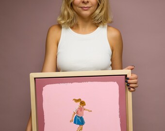 Kleines Mädchen auf Skateboard Ölgemälde: 40x40cm Leinwand Handgemacht Kunst Kindheit