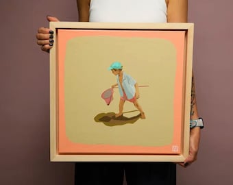 Junge mit Netz Original Gemälde 16 x 16 Handgemaltes Kunstwerk Öl auf Leinwand