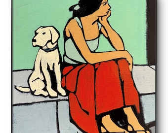 Frau mit Hund Originalgemälde – Acryl auf Holz 20 x 20 cm – Moderne figurative Kunst – Originalgemälde