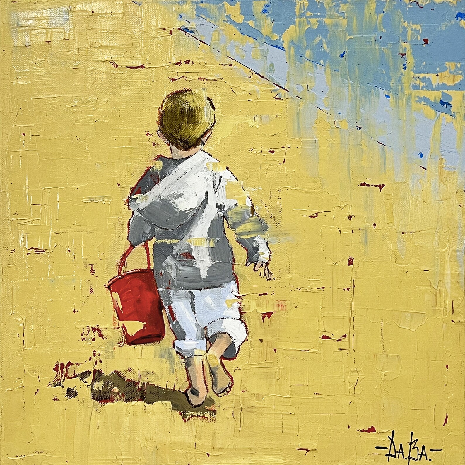 Boy on beach original oil painting on canvas square 16inches wall art