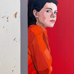 Original Woman Painting On Canvas: Minimalist Red Gray Art, 16x20