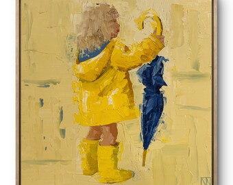 Mädchen im gelben Mantel mit Regenschirm - Originale Ölgemälde, Kind im Regen, minimalistische gegenteilige Kunst, gemütliche gelbe Wandkunst