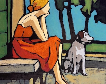 Sommerabend: Original Gemälde, Frau und Hund ruhig zusammen sitzend von Daria Baklykova (Artofeggio)