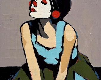 Clown Frau Gemälde - Originales Acryl Portrait 20 x 20 cm zeitgenössische figurative Kunst, minimalistische, moderne Malerei