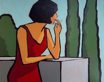 Rauchende Frau Pop Art Handgemachte Malerei auf Leinwand 16x16 Bunte Moderne Kunst