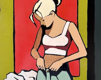 Oh This Jeans – 40 x 40 cm, Original Acrylgemälde, zeitgenössische figurative Kunst, Körperrealität, moderne minimalistische Kunst von Daria Baklykova