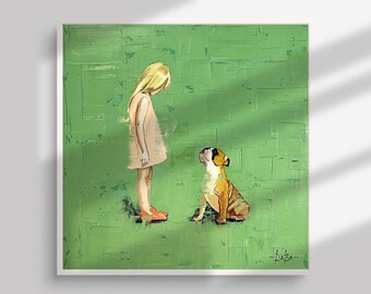 Green Abstract Oil Painting on Stretched Canvas, Girl and Dog Handmade artwork, Contemporary Green Wall Art