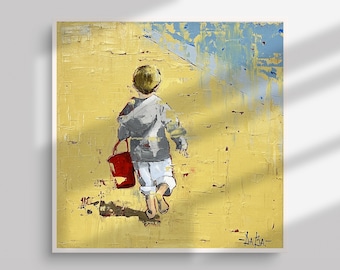 Boy on beach Original Oil Painting on Canvas Square 16inches Wall art Pastel Beige Artwork by Daria Baklykova