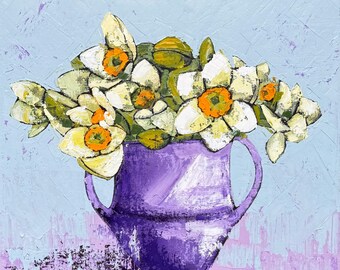 Narzissen Impasto Ölgemälde Auf Leinwand: Handgemachtes Blumen Kunstwerk (16x16)