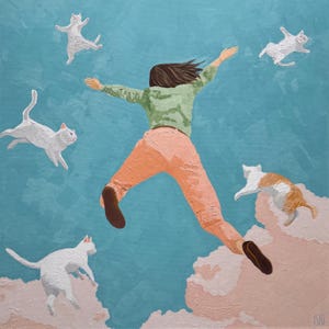 20" Oil Painting: Woman with Cats, Surrealism Art, Ready to Hang