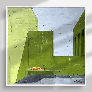 Green wall art, Abstract painting handmade, large fine art original, modern abstract art, cat painting, Daria Baklykova