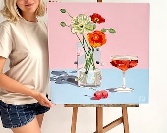 Blumen Minimalist Gemälde auf Leinwand: Rosa Blau für Frau 60 x 60 cm