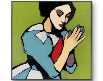 Bunter Clown Frau kleine Malerei, minimalistische moderne Kunst, kleines Originalgemälde auf Tafel 20 x 20 cm, moderner Expressionismus, zeitgenössische Kunst