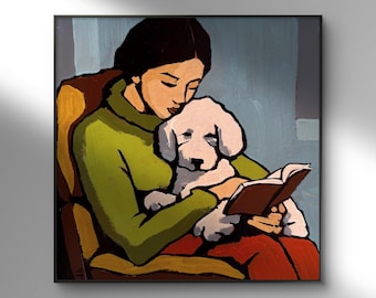 Lesende Frau mit Hund Original Gemälde, bunte kleine Kunst, Acrylmalerei auf Holzplatte handgemacht 20 x 20 cm, minimalistische figurative Wandkunst