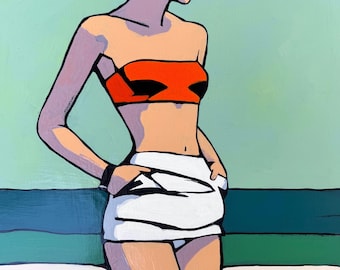 Frau am Strand Folk Art Malerei Bunte Original Wand Kunst 16 x 16 in Handmade