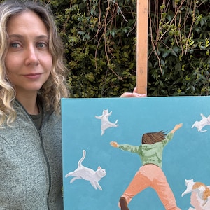 Woman and Cats Oil Painting: Original 20x20 Blue Surreal Art