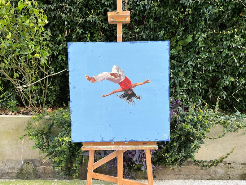 Woman in the air Fine Art Painting 24 in, Original Oil Painting on Canvas 24 x 24, blue, outside, summer, Daria Baklykova, square, freedom image 6