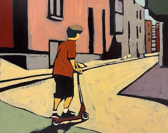 Junge auf einem Roller — Original Acrylgemälde, Ruhige Stadt Szene, minimalistische figurative Kunst