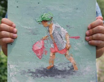 Junge mit Netz Impasto Ölgemälde, kleiner Junge, Minimalistische Kunst, 30x30cm