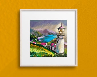 Maine Lighthouse, Landscape Oil Painting on Canvas, Original, Horizontal, 08 x 08 Wall Art by Artofeggio