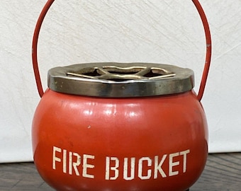 Vintage Fire Bucket Ashtray Metal With Lid And Handle Made In Hong Kong Retro