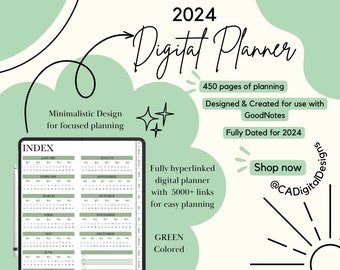 2024 GREEN Digital Planner, Dated GREEN Digital Planner, GoodNotes, iPad planner, Weekly Planner, Monthly Planner, Daily Planner, Planner