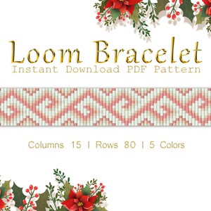May include: Loom bracelet pattern featuring a geometric design in pink, white, and gold. The pattern is for a bracelet with 15 columns and 80 rows.  "Loom Bracelet Instant Download PDF Pattern" is written in gold lettering at the top of the image.