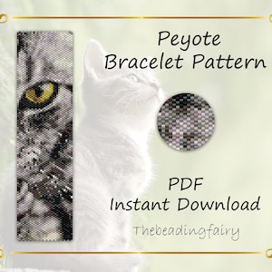 Gray cat with yellow eyes, animal peyote pattern of a flat cuff bracelet, made from Miyuki Delica seed beads.
