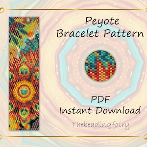 Colorful Mandala. Abstract peyote pattern of a cuff bracelet, hippie style, made from Miyuki Delica seed beads.