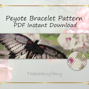 Black and White Butterfly, animal peyote pattern of a flat cuff bracelet, made from Miyuki Delica seed beads.