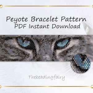 Gray cat with blue eyes, animal peyote pattern of a flat cuff bracelet, made from Miyuki Delica seed beads.