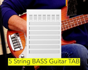 Printable 5 String BASS Guitar TAB Sheet Music | for Letter/A4 printer | 7 chord boxes and 7 staves per page