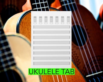 Afdrukbare UKULELE TAB-bladmuziek | voor Letter/A4-printer | 7 akkoordenschema's en 8 notenbalken per pagina | Directe download